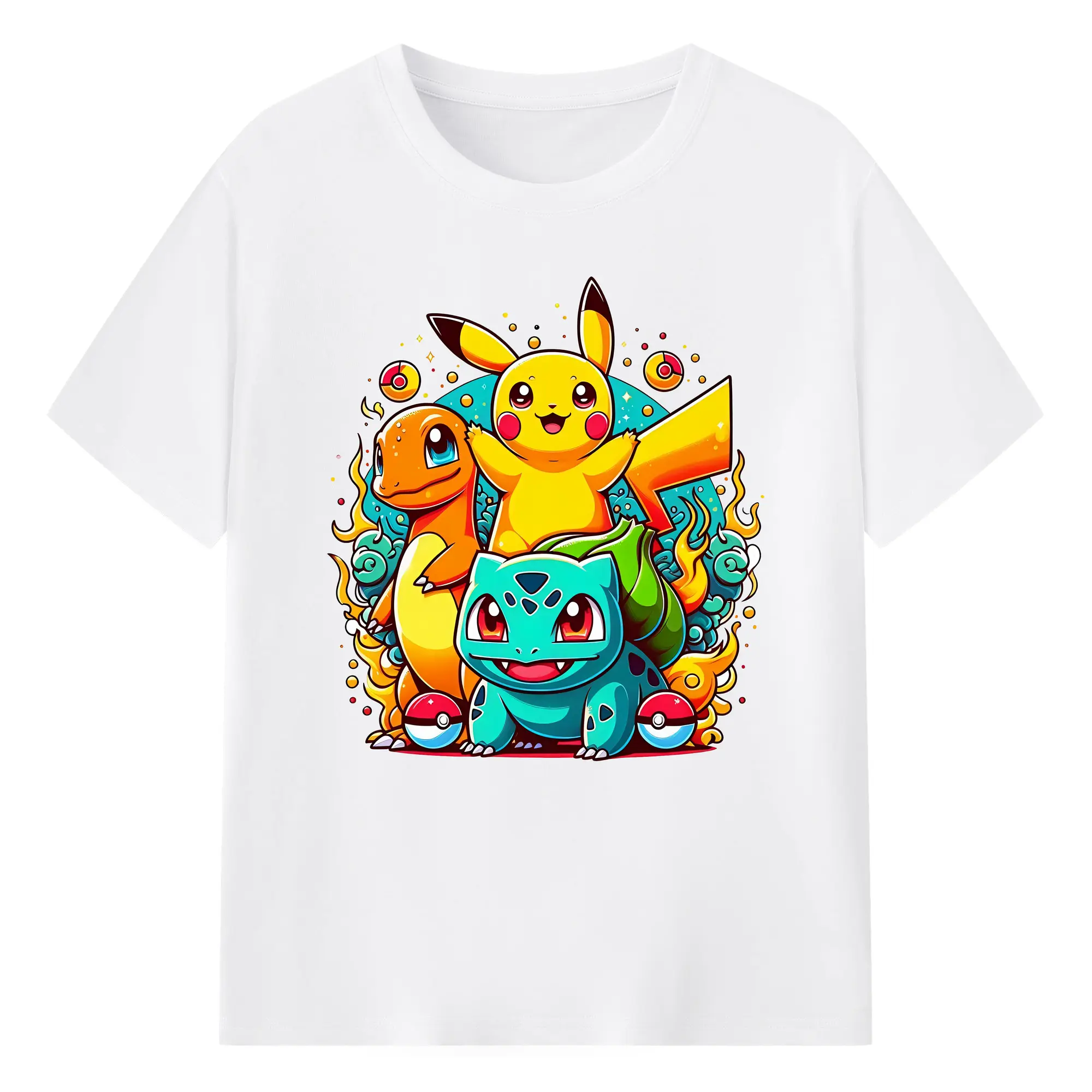 ポケモン ピカチュウ ヒトカゲ フシギダネ カラフルな仲間たち オリジナルデザイン - 綿100％ 半袖Tシャツ ・ フロントプリント ・ 快適 通気性 ・ 日常使い 散歩 スポーツ用