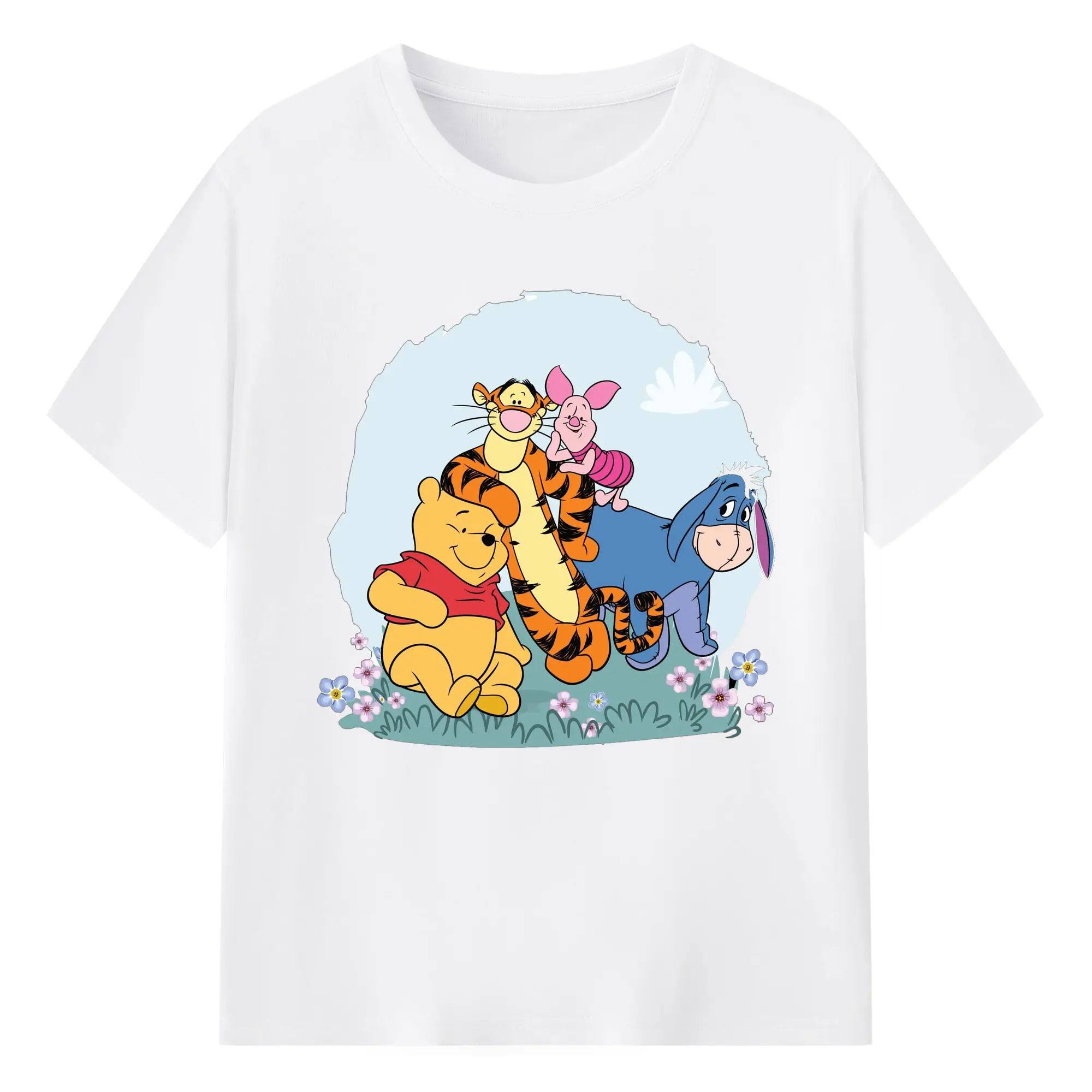 ディズニー くまのプーさん イーヨー ティガー ピグレット 花畑 オリジナルデザイン - 綿100％ 半袖Tシャツ ・ フロントプリント ・ 快適 通気性 ・ 日常使い 散歩 スポーツ用