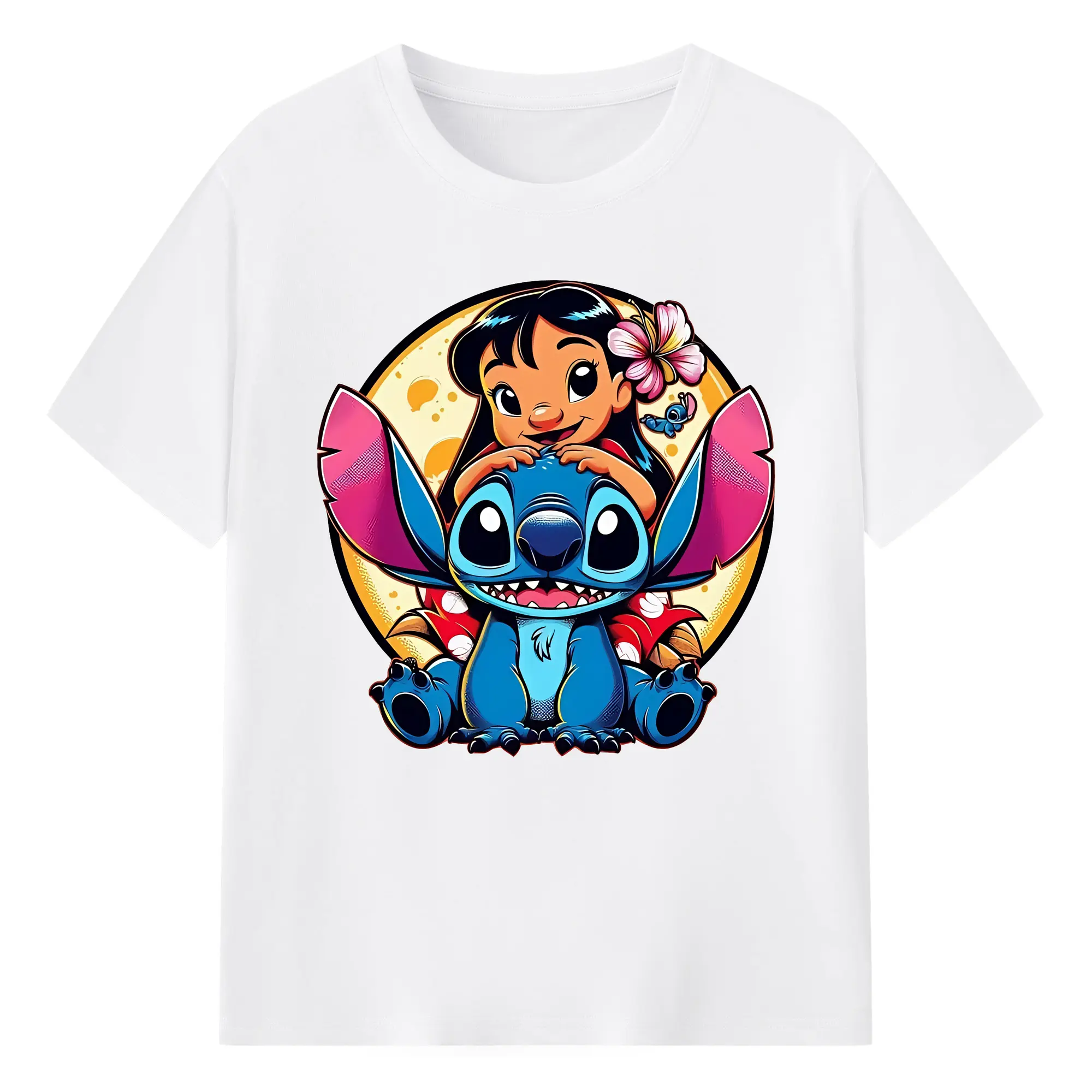 ディズニー スティッチ リロ 仲良し オリジナルデザイン - 綿100％ 半袖Tシャツ ・ フロントプリント ・ 快適 通気性 ・ 日常使い 散歩 スポーツ用